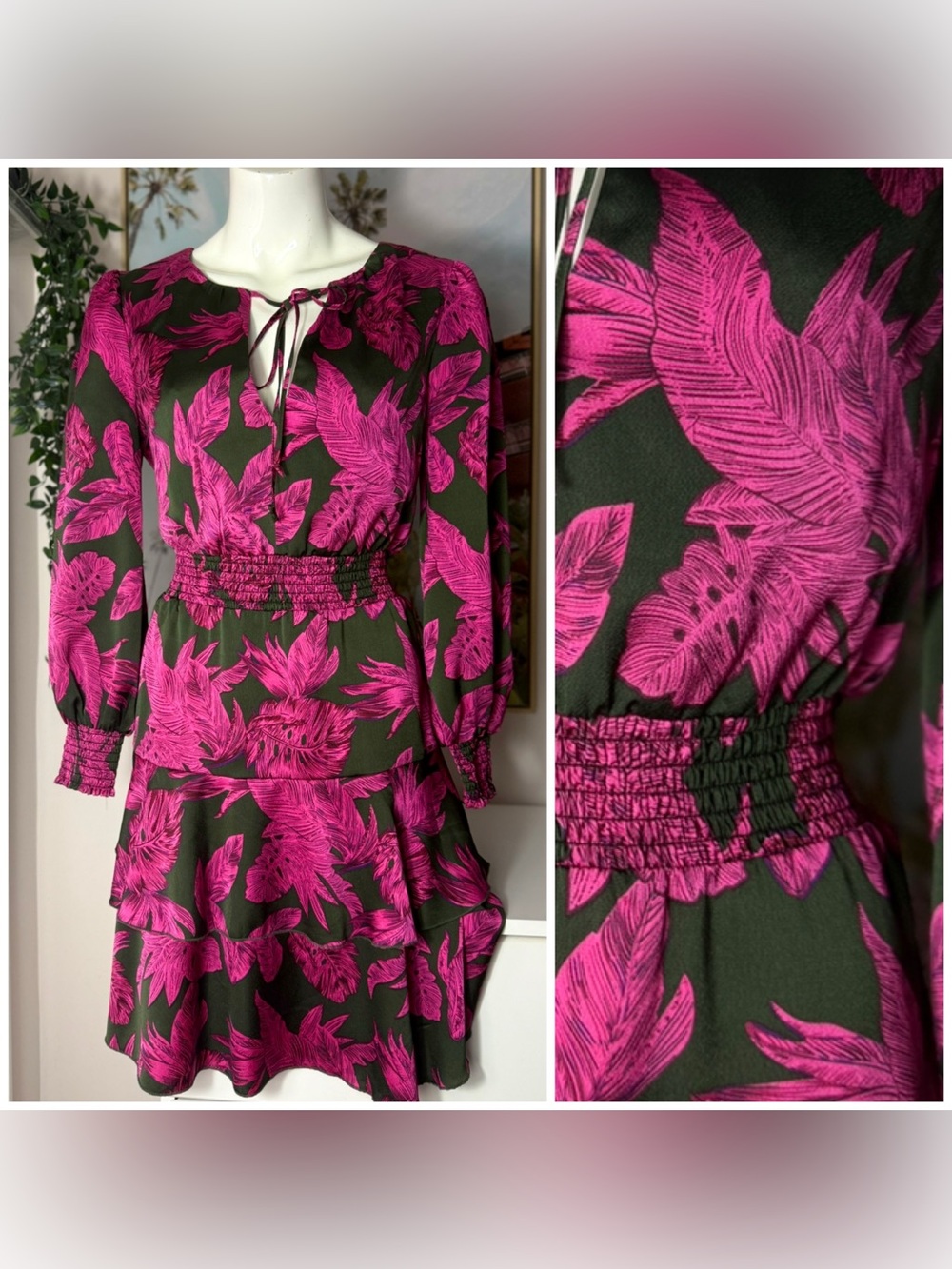 Sam Edelman Pink Black Floral Dress Smocked Waist Ruffle Hem Size Small
